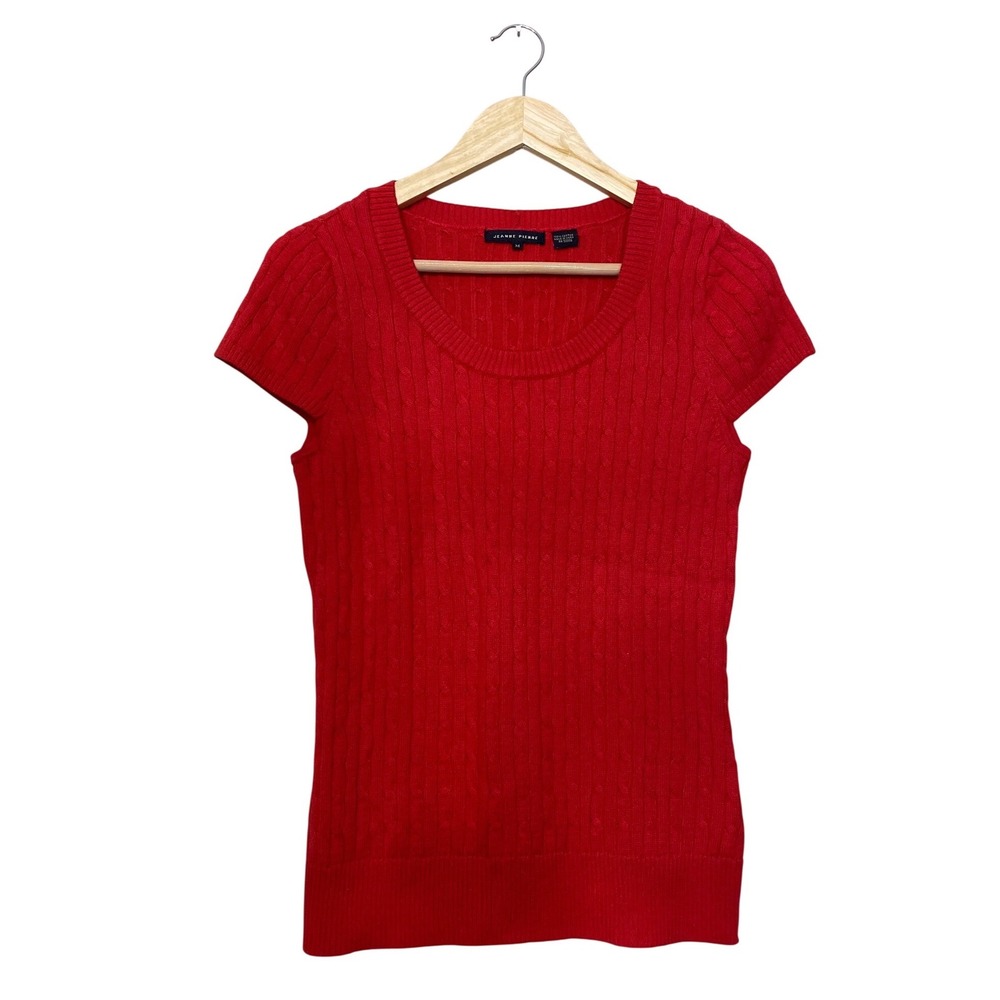 Jeanne Pierre Womens Red Cable Knit Short Sleeve Scoop Neck Cotton Sweater M